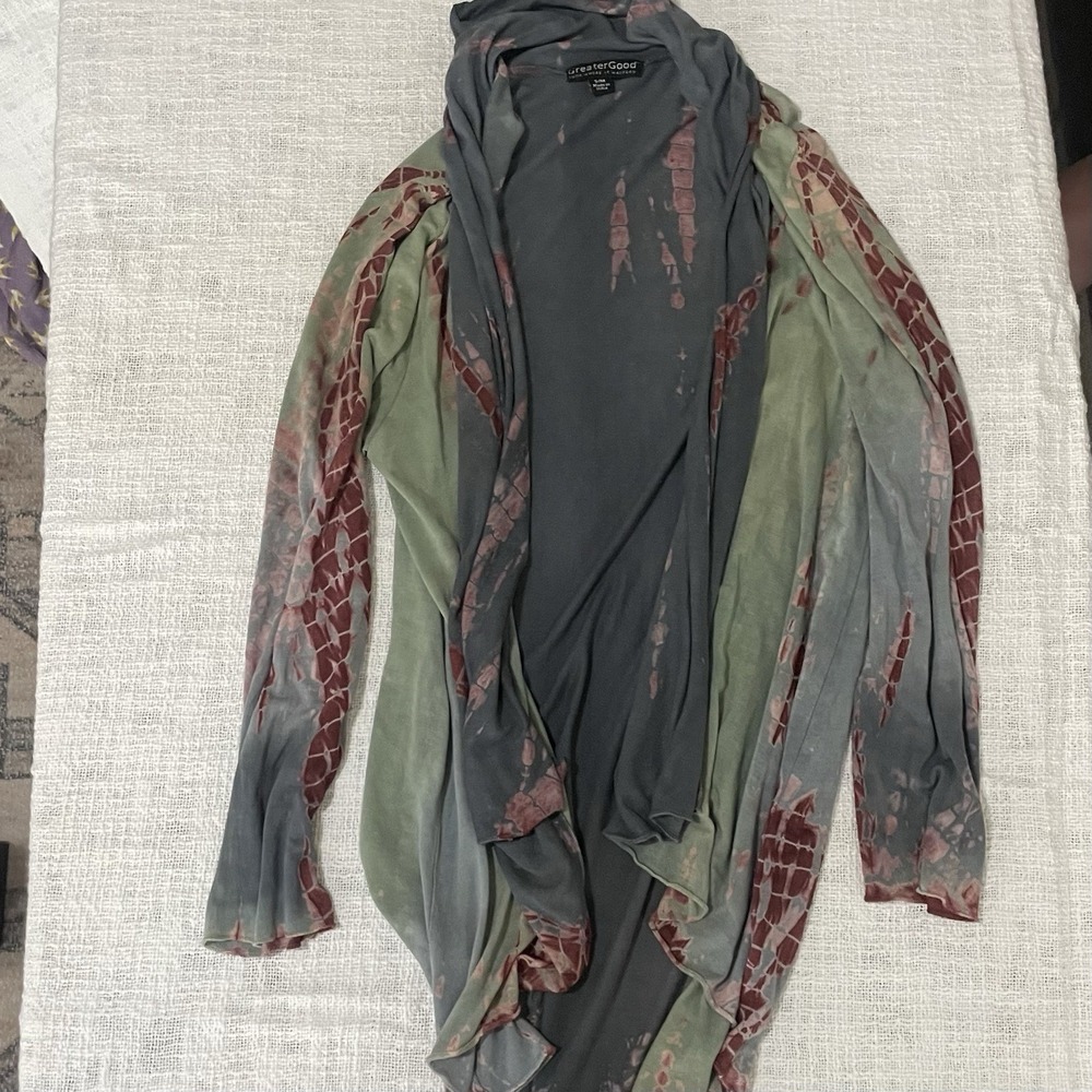 Greater Good Festival Shirt Open Cardigan Blue Green Tie Dye Hippie Boho S/M‎